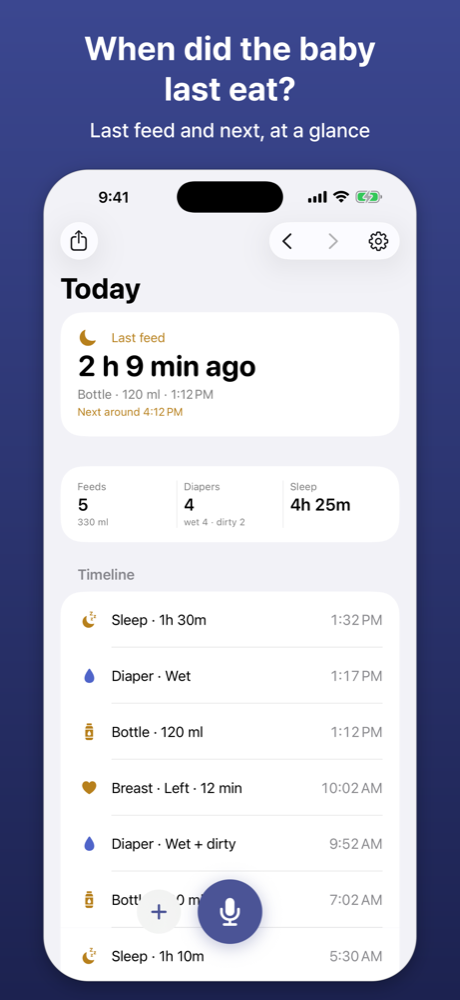 Today: last feed 2 h ago, next feed time, counts and timeline